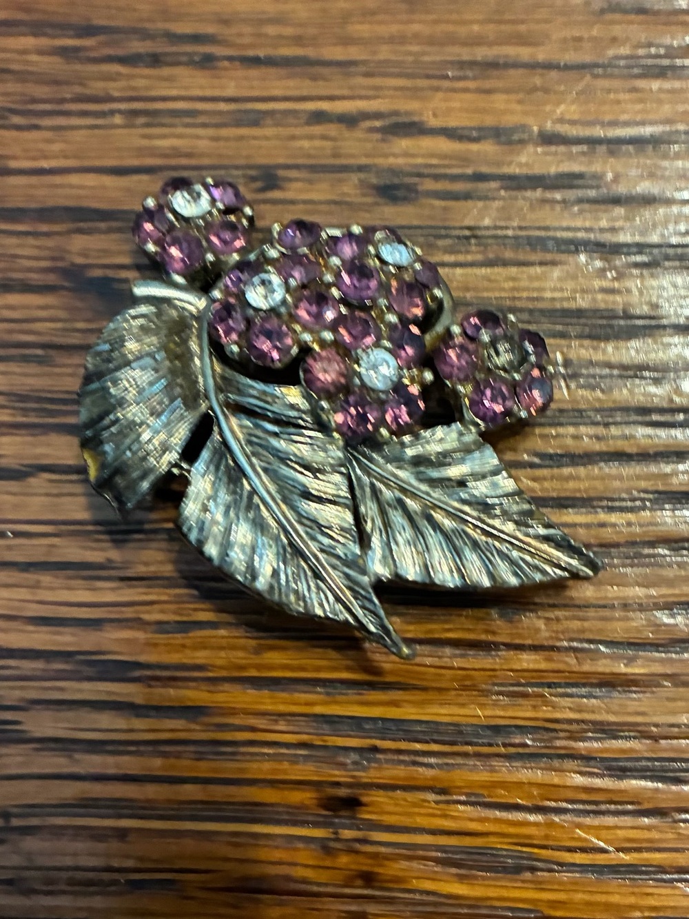 Pink Crystal Leaf Brooch in Antique Gold Tone